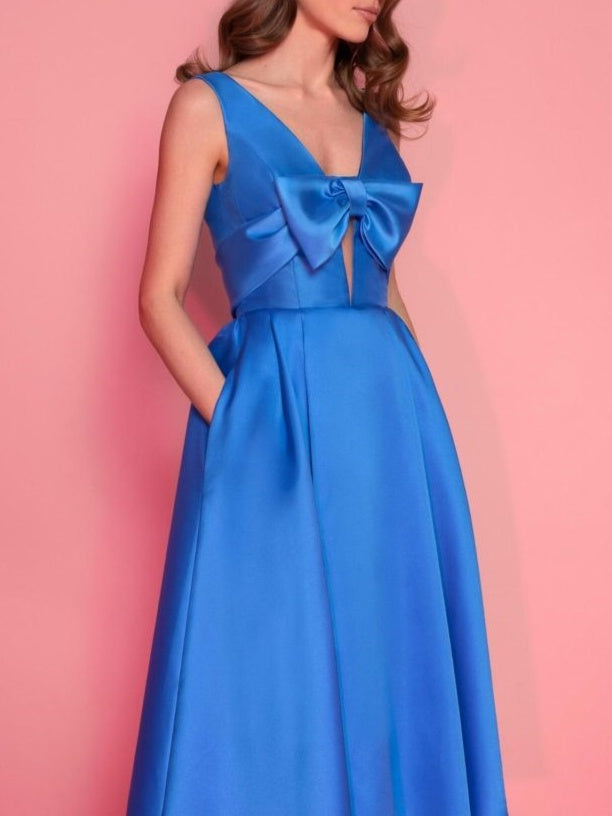 A-Line/Princess V-Neck Sleeveless Tea-Length Cocktail Dress with Knot Bow BabaMila