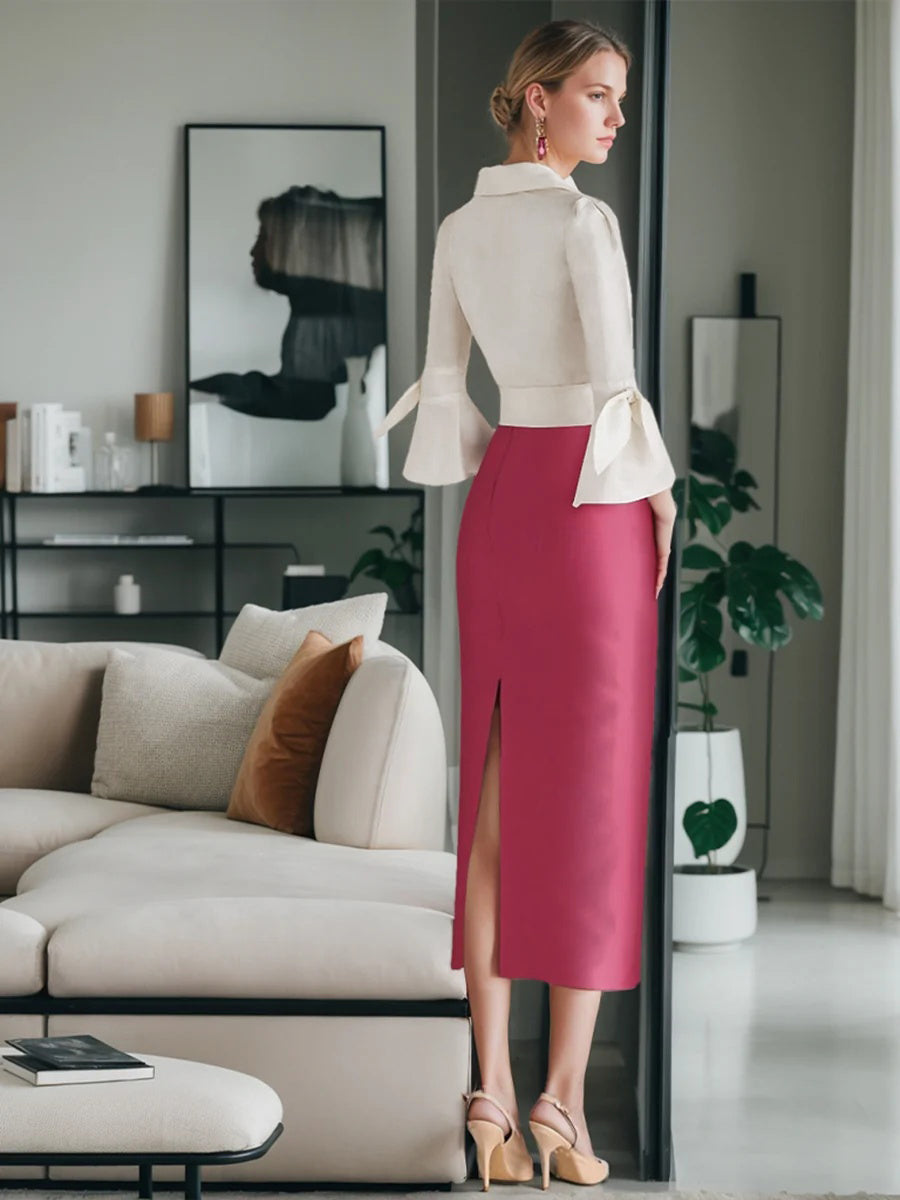 Sheath/Column V-Neck 3/4 Sleeves Mother Of The Bride & Groom Dresses With Bow Belt BabaMila