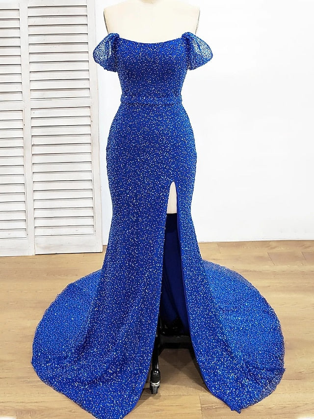 Sheath/Column Off-the-Shoulder Sweep Train/Floor-length Prom Dresses With Sequins BabaMila
