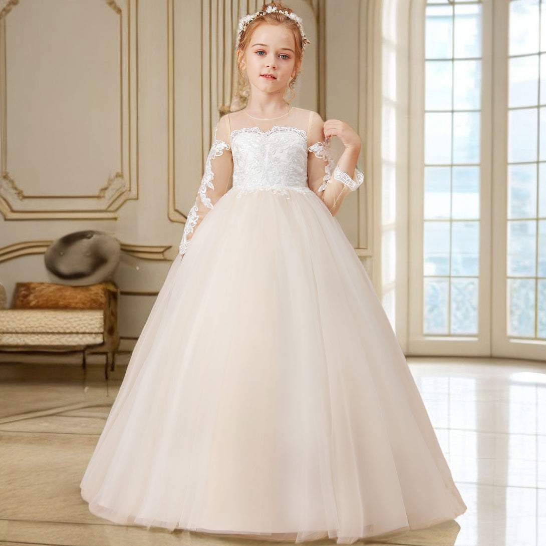 Ball Gown Long Sleeve Scoop Neck Floor-Length Sweep Train Tulle/Lace Flower Girl Dresses/First Communion Dress With Appliques Girls Gidiondress