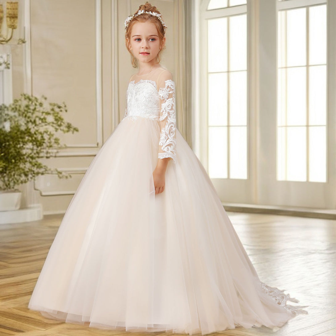 Ball Gown Long Sleeve Scoop Neck Floor-Length Sweep Train Tulle/Lace Flower Girl Dresses/First Communion Dress With Appliques Girls Gidiondress
