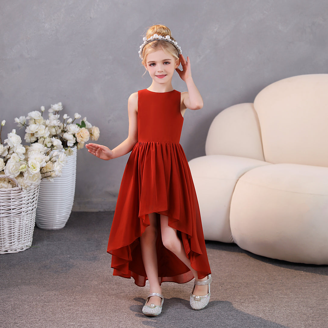 Girls Birthday Dresses Simple Scoop Neck Sleeveless Chiffon Asymmetrical Junior Bridesmaid Dress/Party Dresses With Pleated Girls Gidiondress