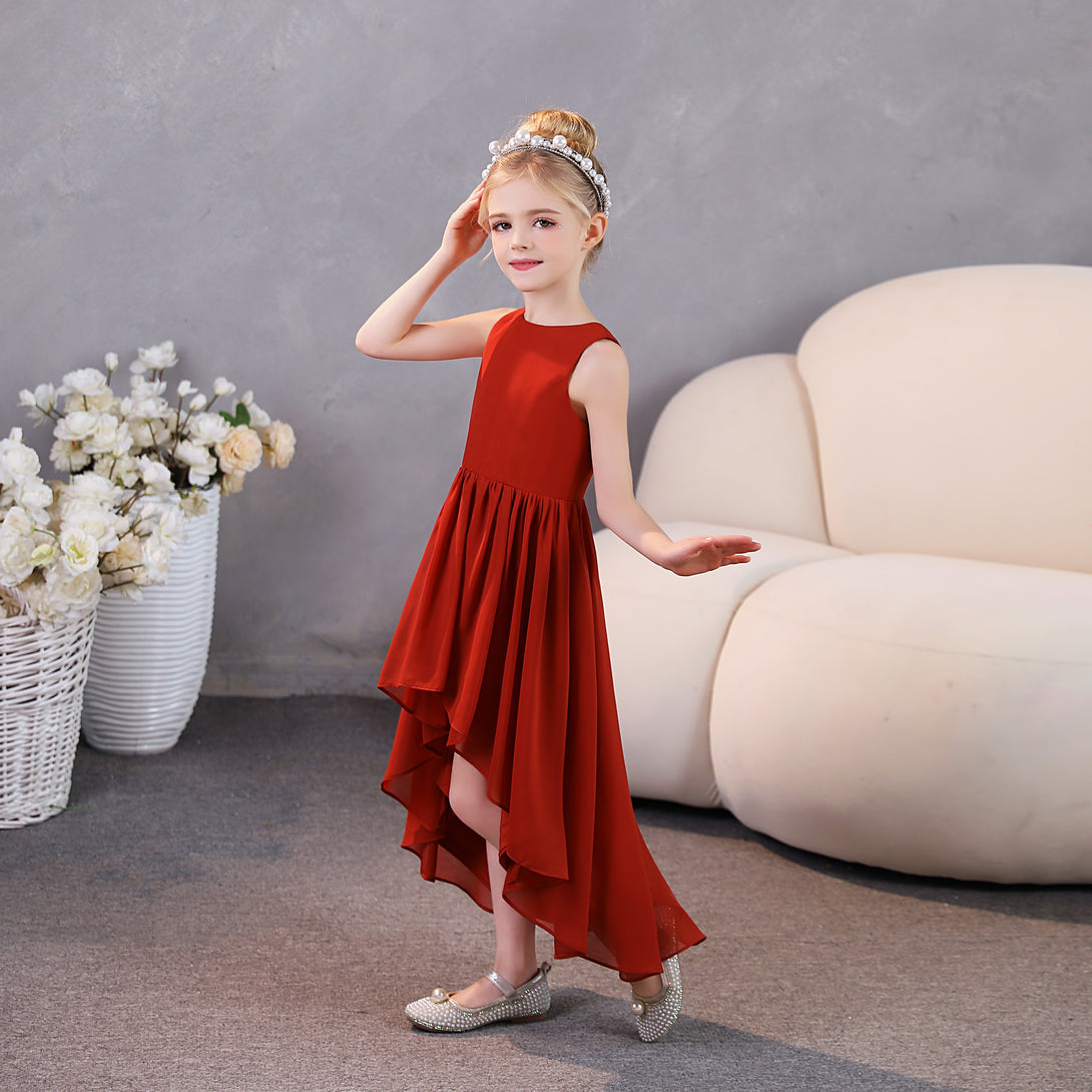 Girls Birthday Dresses Simple Scoop Neck Sleeveless Chiffon Asymmetrical Junior Bridesmaid Dress/Party Dresses With Pleated Girls Gidiondress
