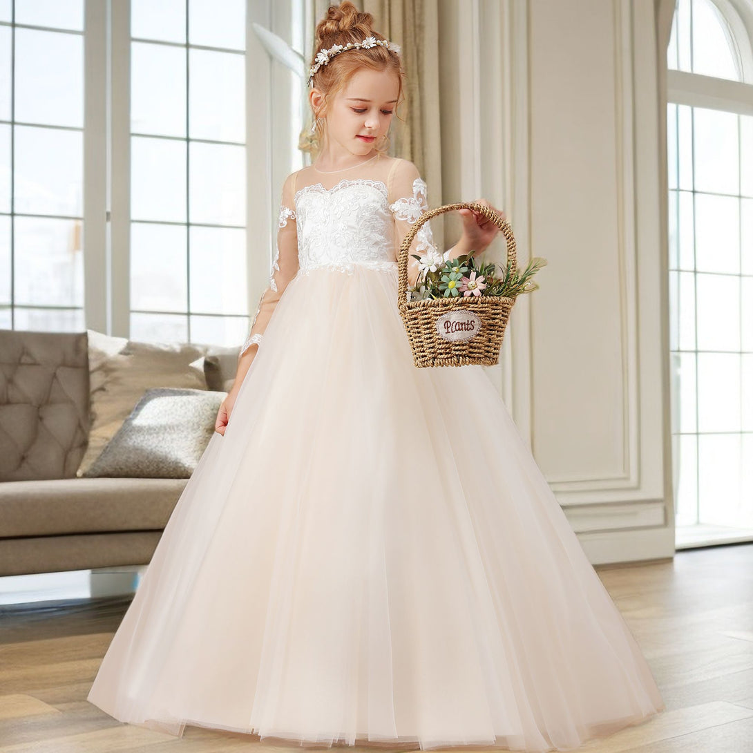 Ball Gown Long Sleeve Scoop Neck Floor-Length Sweep Train Tulle/Lace Flower Girl Dresses/First Communion Dress With Appliques Girls Gidiondress