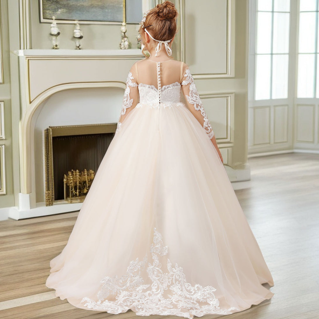 Ball Gown Long Sleeve Scoop Neck Floor-Length Sweep Train Tulle/Lace Flower Girl Dresses/First Communion Dress With Appliques Girls Gidiondress