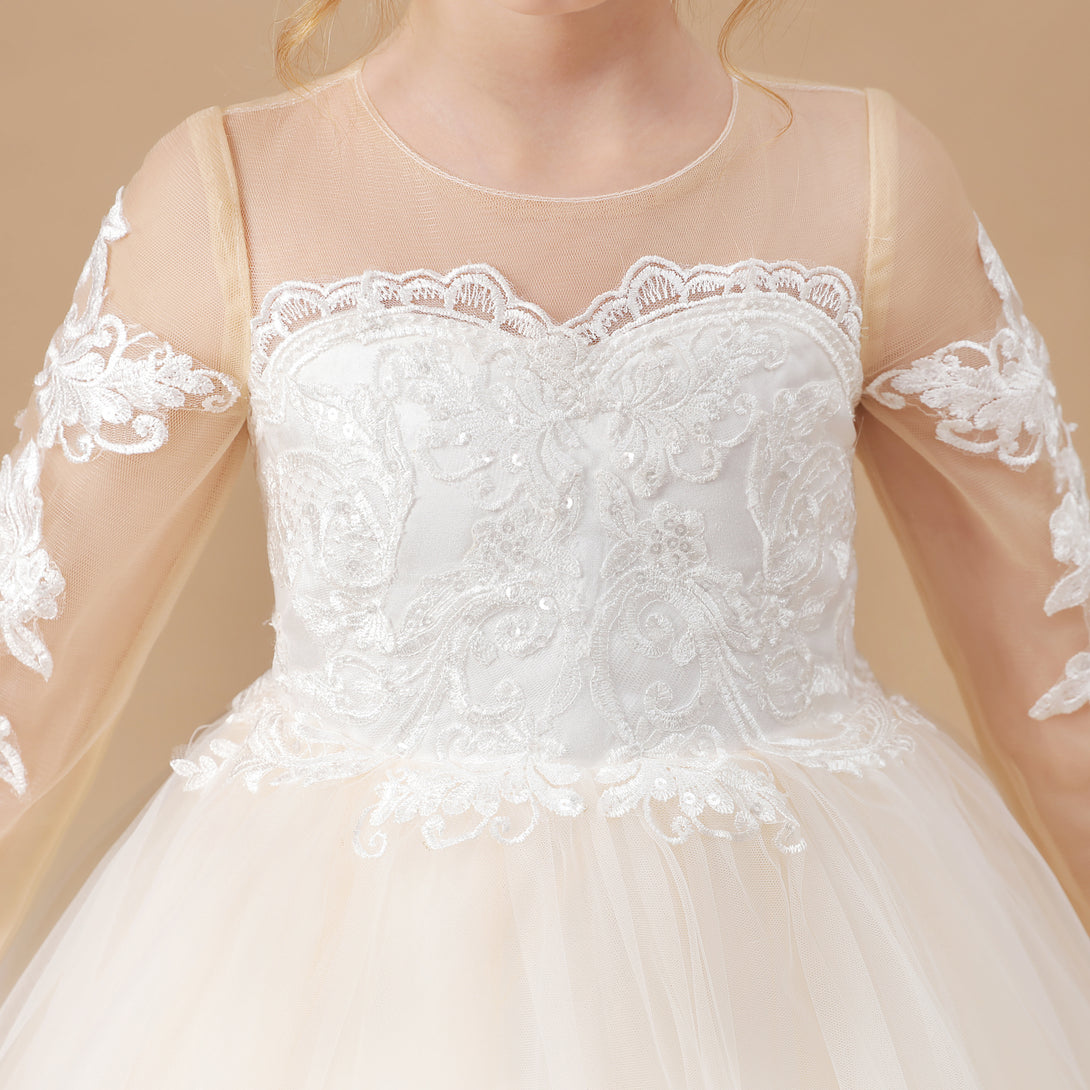 Ball Gown Long Sleeve Scoop Neck Floor-Length Sweep Train Tulle/Lace Flower Girl Dresses/First Communion Dress With Appliques Girls Gidiondress