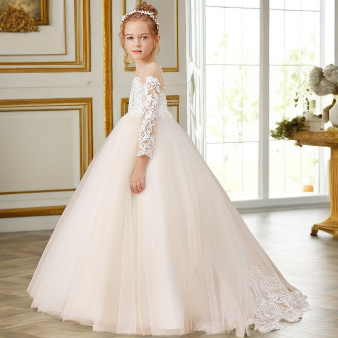 Ball Gown Long Sleeve Scoop Neck Floor-Length Sweep Train Tulle/Lace Flower Girl Dresses/First Communion Dress With Appliques Girls Gidiondress