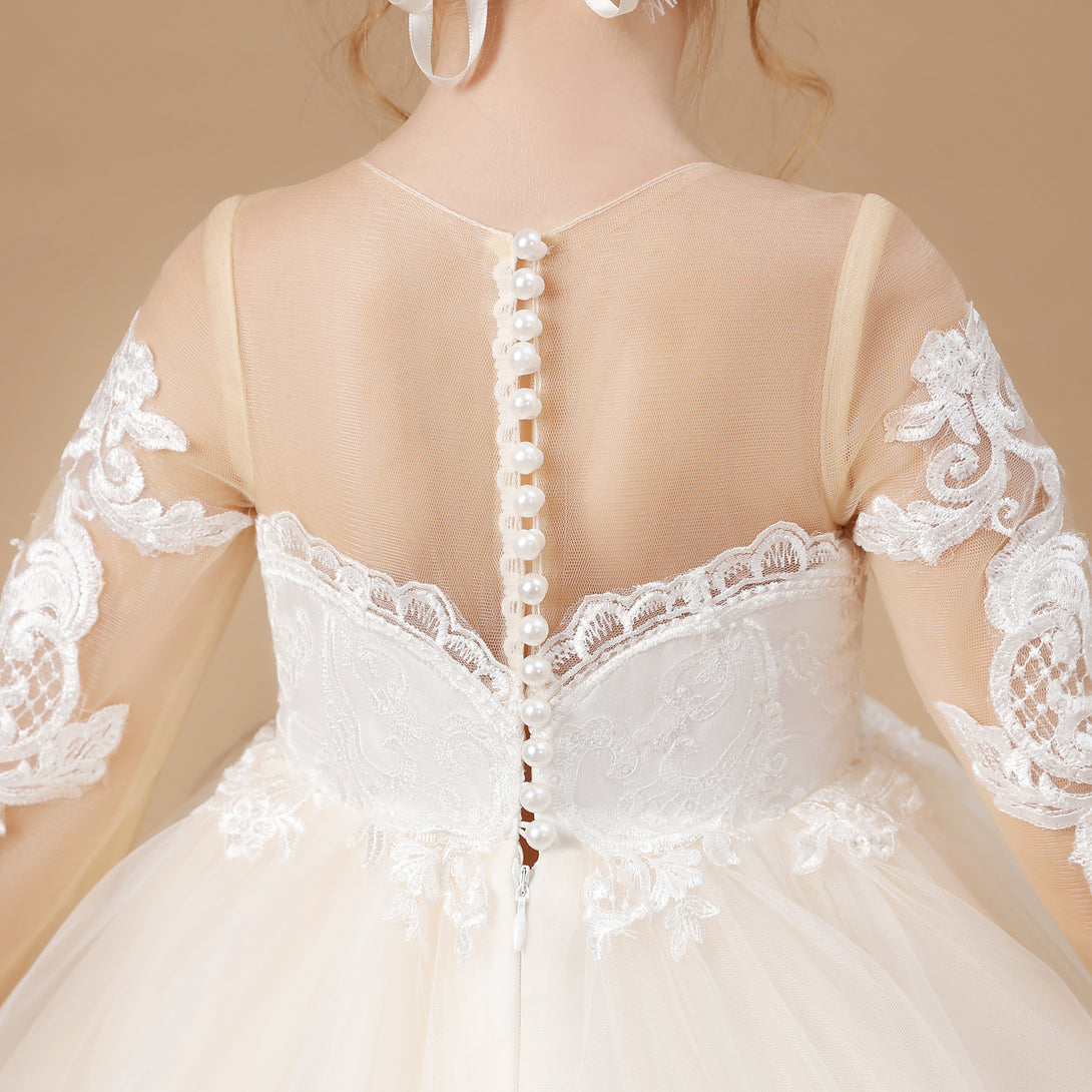 Ball Gown Long Sleeve Scoop Neck Floor-Length Sweep Train Tulle/Lace Flower Girl Dresses/First Communion Dress With Appliques Girls Gidiondress