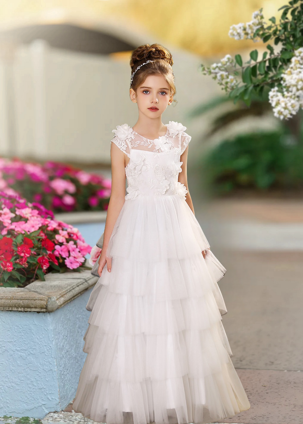 Scoop Neck Sleeveless Floor-Length Lace/Tulle/Chiffon Flower Girl Dresses With 3D Flower Girls Gidiondress