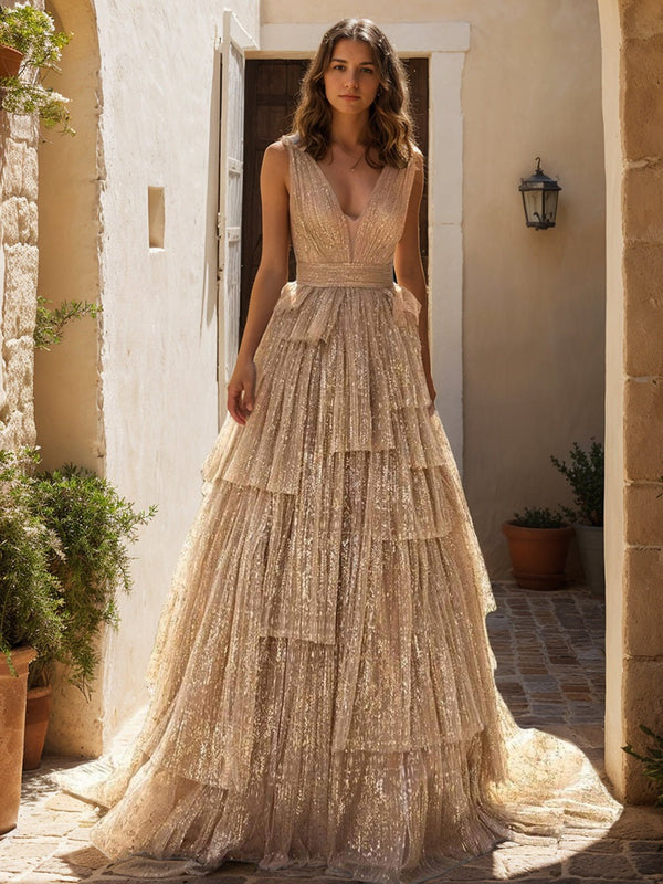 Shiny A-Line/Princess V-Neck Sleeveless Evening Dresses With Belt & Ruffles BabaMila