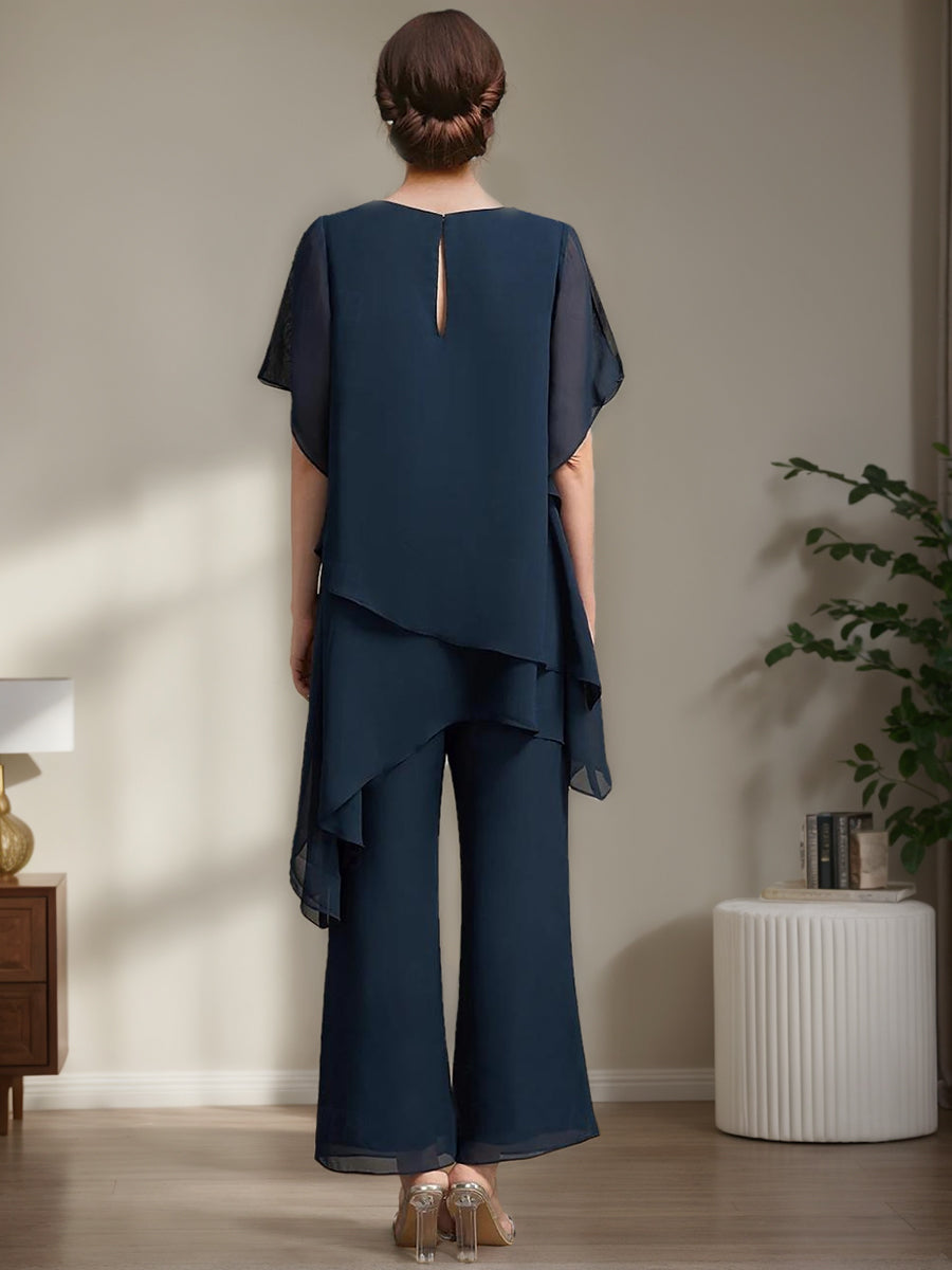 2 Pieces Chiffon Elegant Round Neck Mother Of The Bride Pantsuits With Ruffles BabaMila