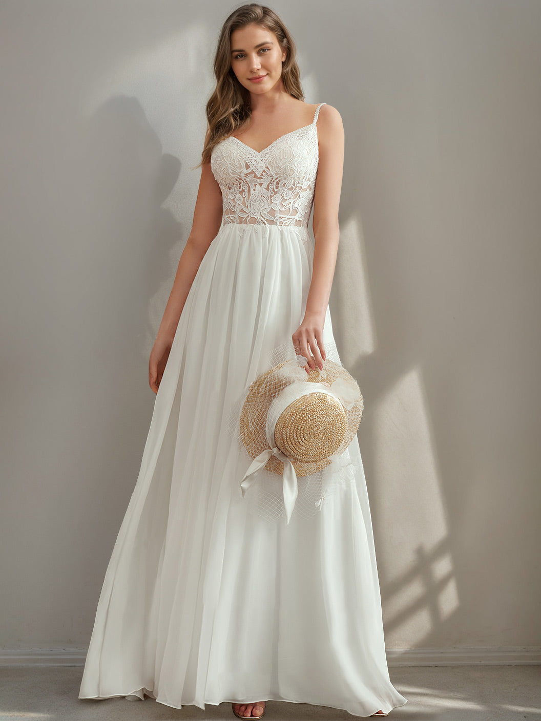 A-Line/Princess Spaghetti Straps V-Neck Lace Wedding Dress with Appliques BabaMila