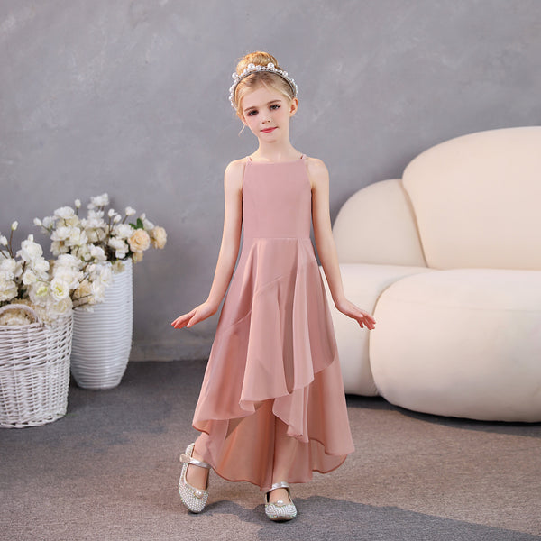 Girls Birthday Dresses Simple Boat Neck Spaghetti Straps Chiffon Asymmetrical Junior Bridesmaid Dress/Party Dresses With Ruffled Hem Girls Gidiondress