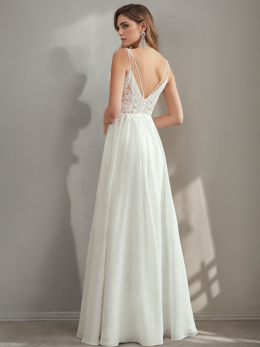 A-Line/Princess Spaghetti Straps V-Neck Lace Wedding Dress with Appliques BabaMila