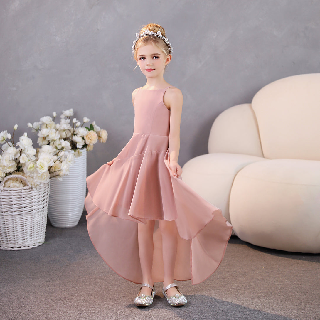 Girls Birthday Dresses Simple Boat Neck Spaghetti Straps Chiffon Asymmetrical Junior Bridesmaid Dress/Party Dresses With Ruffled Hem Girls Gidiondress Dusty Rose 12M
