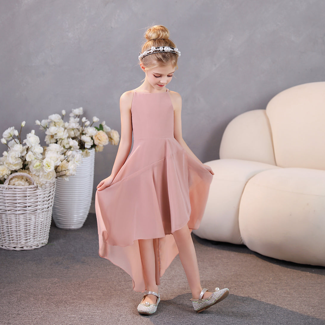 Girls Birthday Dresses Simple Boat Neck Spaghetti Straps Chiffon Asymmetrical Junior Bridesmaid Dress/Party Dresses With Ruffled Hem Girls Gidiondress