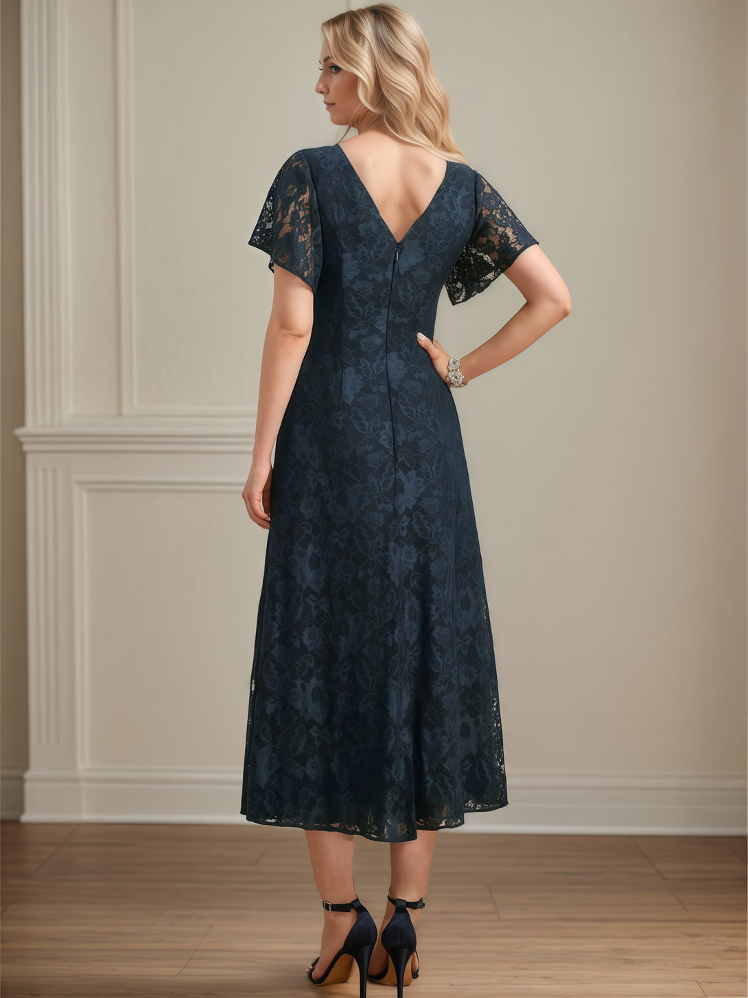 V-Neck Flutter Straps A-Line Tea-Length Lace/Chiffon Mother of the Bride Dress BabaMila