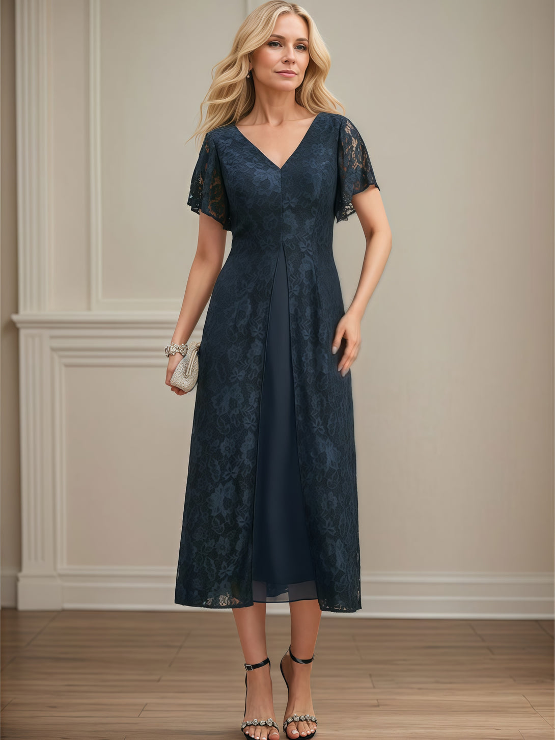 V-Neck Flutter Straps A-Line Tea-Length Lace/Chiffon Mother of the Bride Dress BabaMila