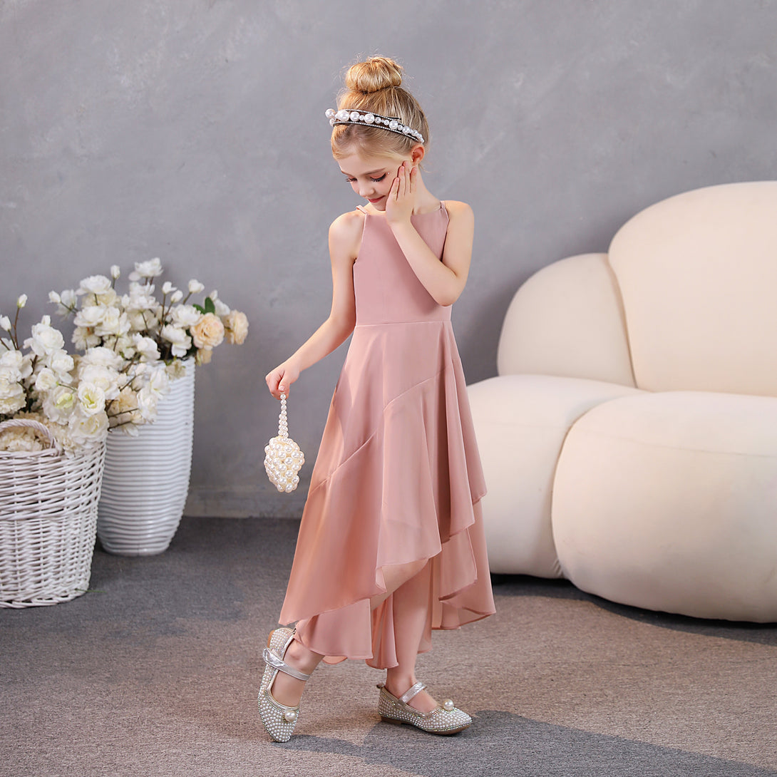 Girls Birthday Dresses Simple Boat Neck Spaghetti Straps Chiffon Asymmetrical Junior Bridesmaid Dress/Party Dresses With Ruffled Hem Girls Gidiondress