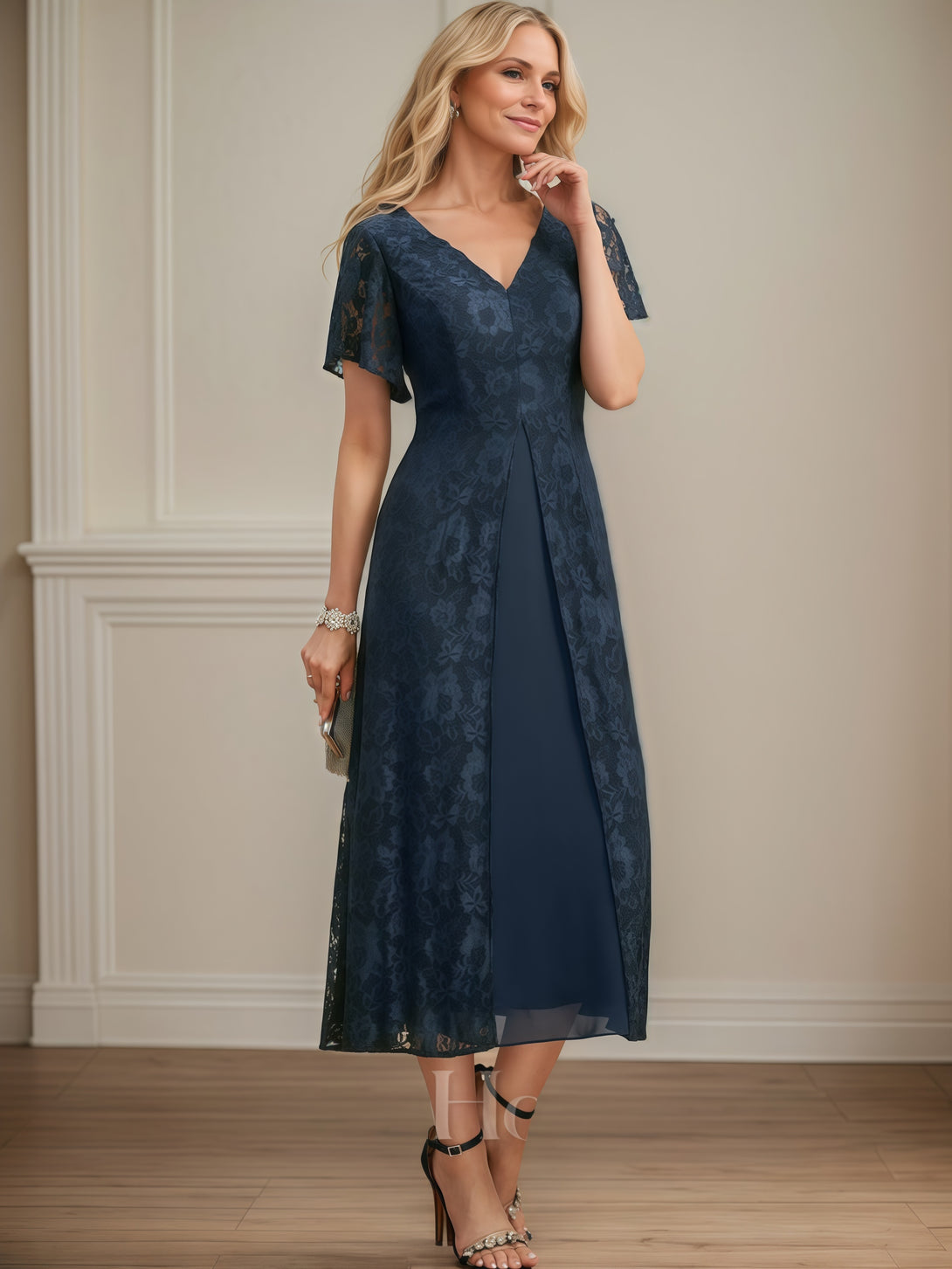 V-Neck Flutter Straps A-Line Tea-Length Lace/Chiffon Mother of the Bride Dress BabaMila