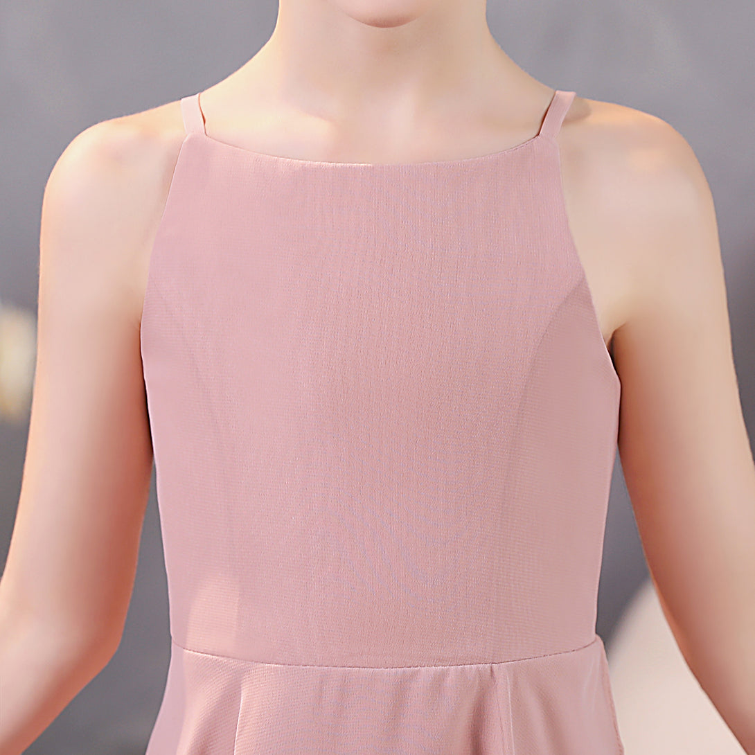 Girls Birthday Dresses Simple Boat Neck Spaghetti Straps Chiffon Asymmetrical Junior Bridesmaid Dress/Party Dresses With Ruffled Hem Girls Gidiondress