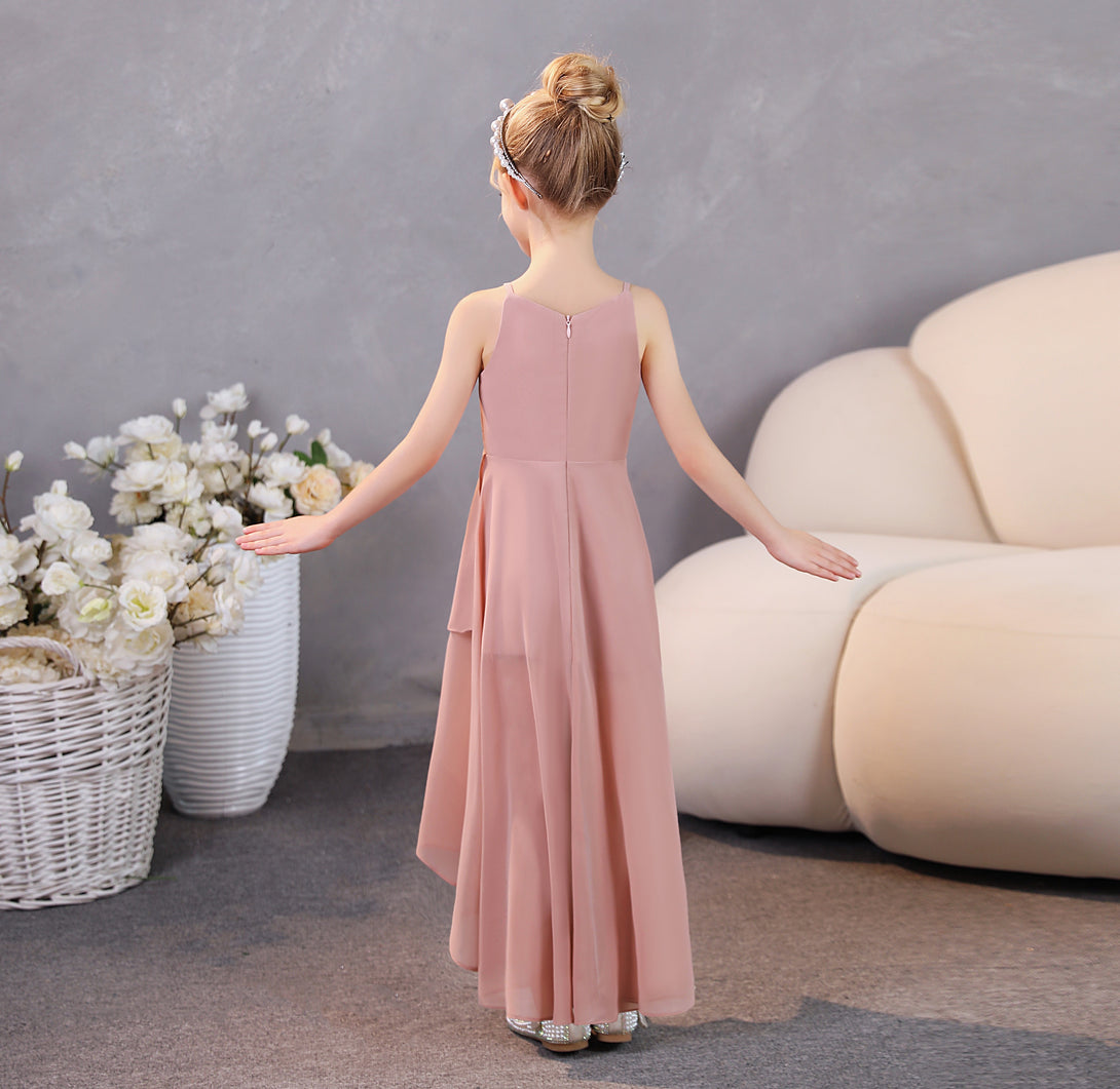 Girls Birthday Dresses Simple Boat Neck Spaghetti Straps Chiffon Asymmetrical Junior Bridesmaid Dress/Party Dresses With Ruffled Hem Girls Gidiondress