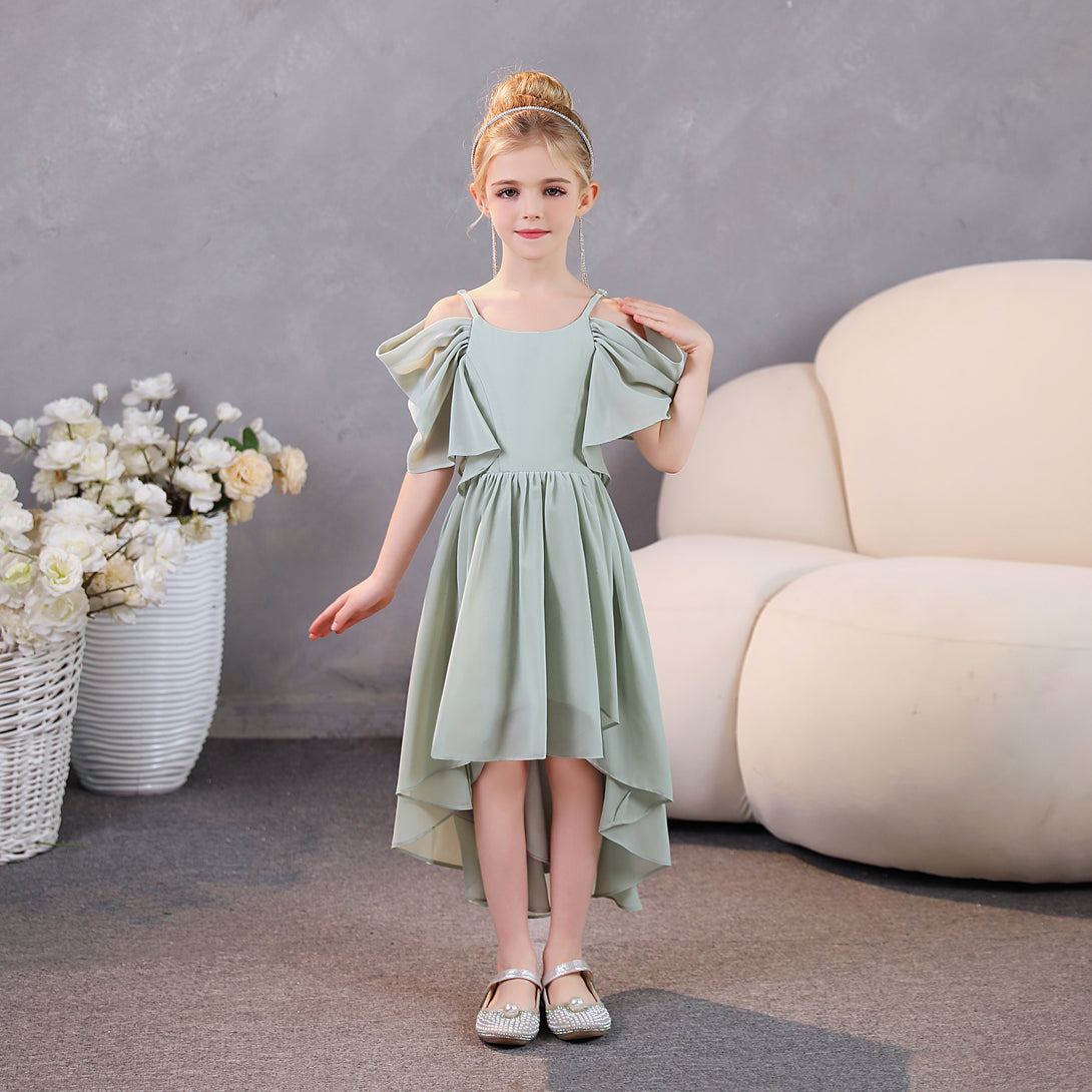 Girls Birthday Dresses Cold Shoulder Flutter Straps Chiffon Asymmetrical Junior Bridesmaid Dress/Party Dresses With Pleated Girls Gidiondress