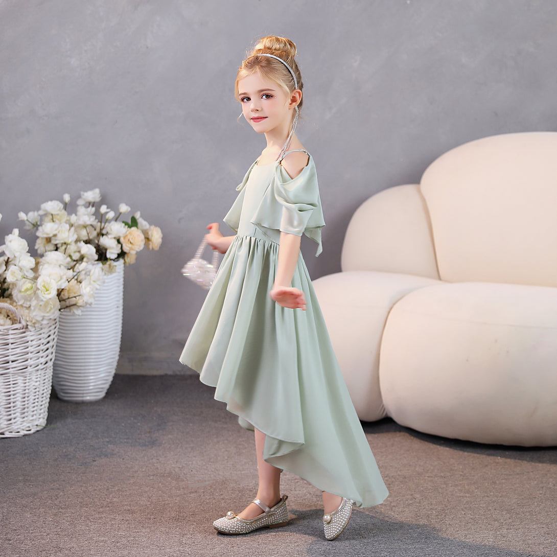 Girls Birthday Dresses Cold Shoulder Flutter Straps Chiffon Asymmetrical Junior Bridesmaid Dress/Party Dresses With Pleated Girls Gidiondress