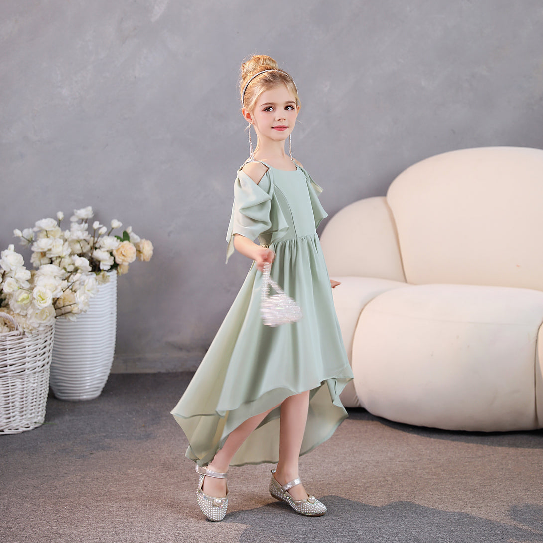 Girls Birthday Dresses Cold Shoulder Flutter Straps Chiffon Asymmetrical Junior Bridesmaid Dress/Party Dresses With Pleated Girls Gidiondress