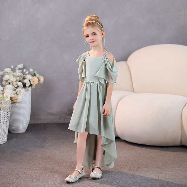 Girls Birthday Dresses Cold Shoulder Flutter Straps Chiffon Asymmetrical Junior Bridesmaid Dress/Party Dresses With Pleated Girls Gidiondress as picture 12M
