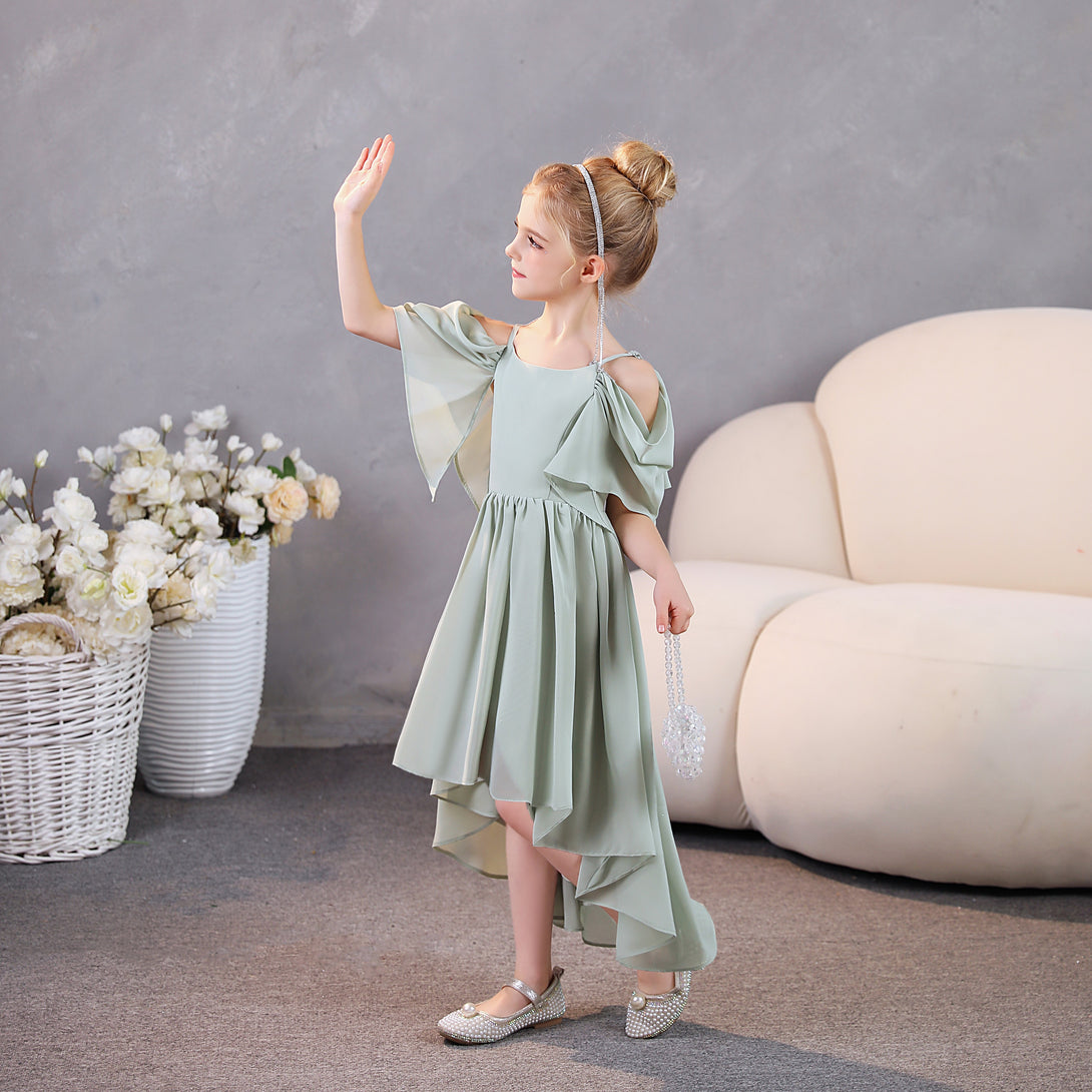 Girls Birthday Dresses Cold Shoulder Flutter Straps Chiffon Asymmetrical Junior Bridesmaid Dress/Party Dresses With Pleated Girls Gidiondress