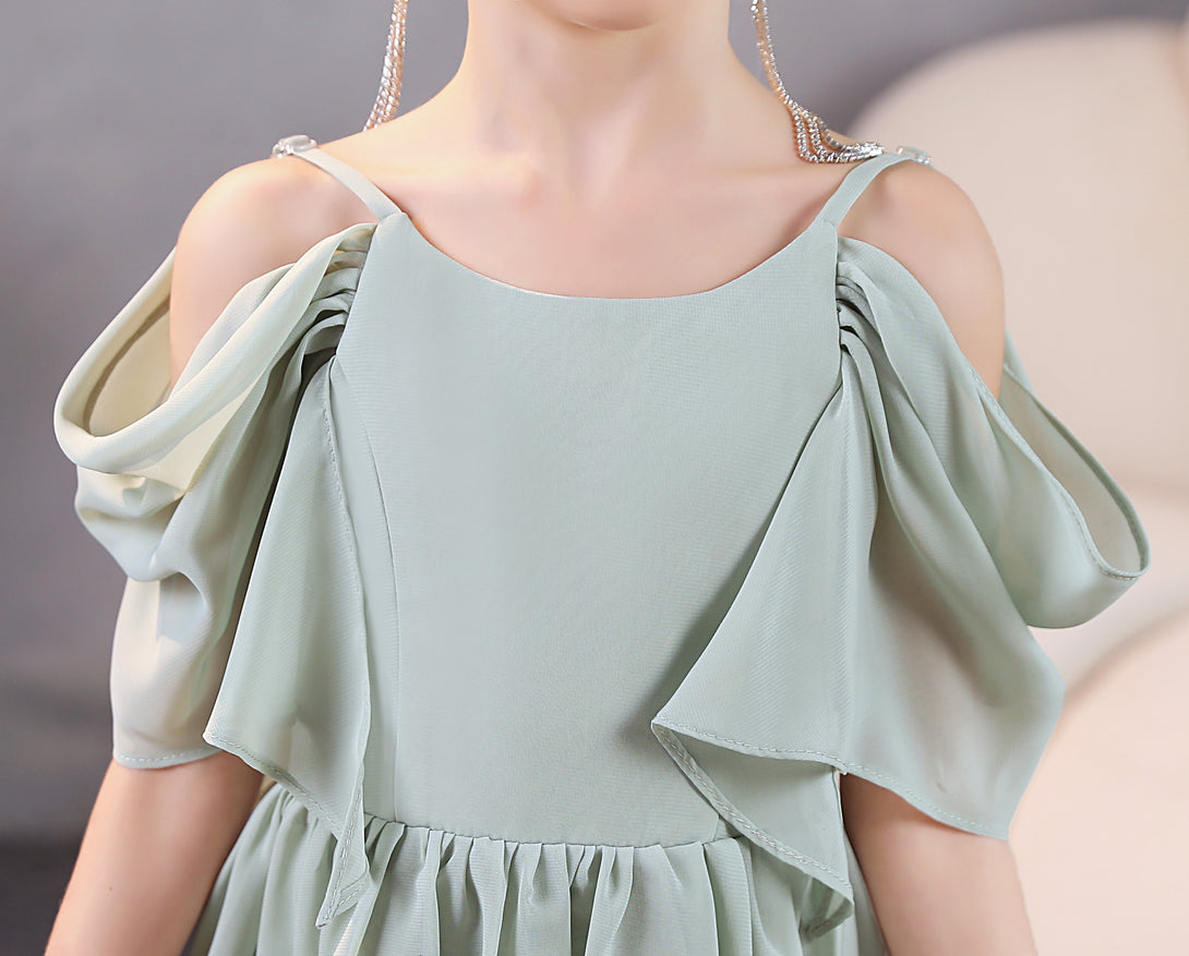 Girls Birthday Dresses Cold Shoulder Flutter Straps Chiffon Asymmetrical Junior Bridesmaid Dress/Party Dresses With Pleated Girls Gidiondress