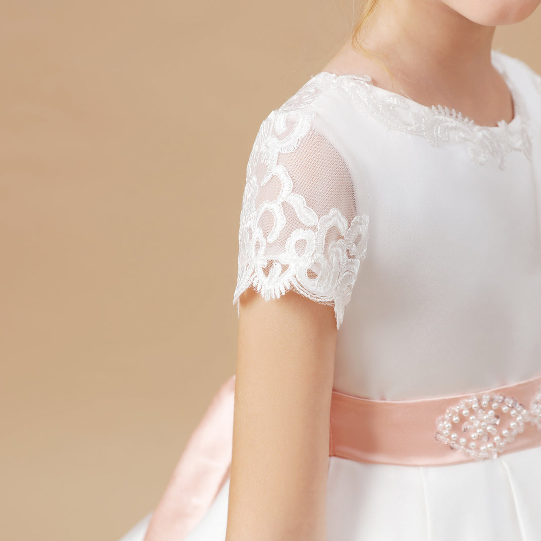 Ball Gown Short Sleeve Scoop Neck Sweep Train Floor-Length Lace/Tulle/Satin Flower Girl Dresses/First Communion Dress With Beads Belt/Appliques Girls Gidiondress