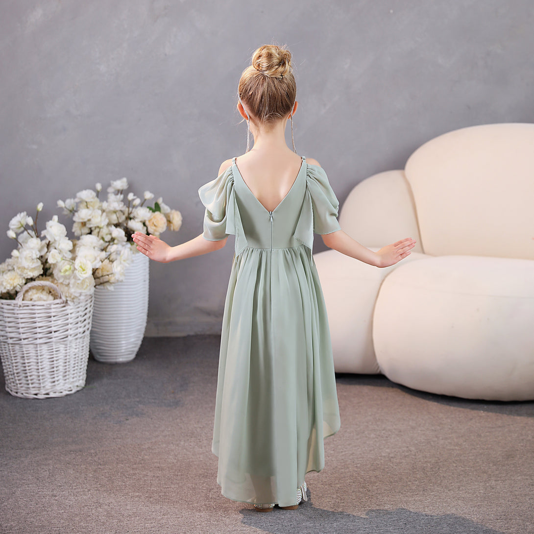 Girls Birthday Dresses Cold Shoulder Flutter Straps Chiffon Asymmetrical Junior Bridesmaid Dress/Party Dresses With Pleated Girls Gidiondress