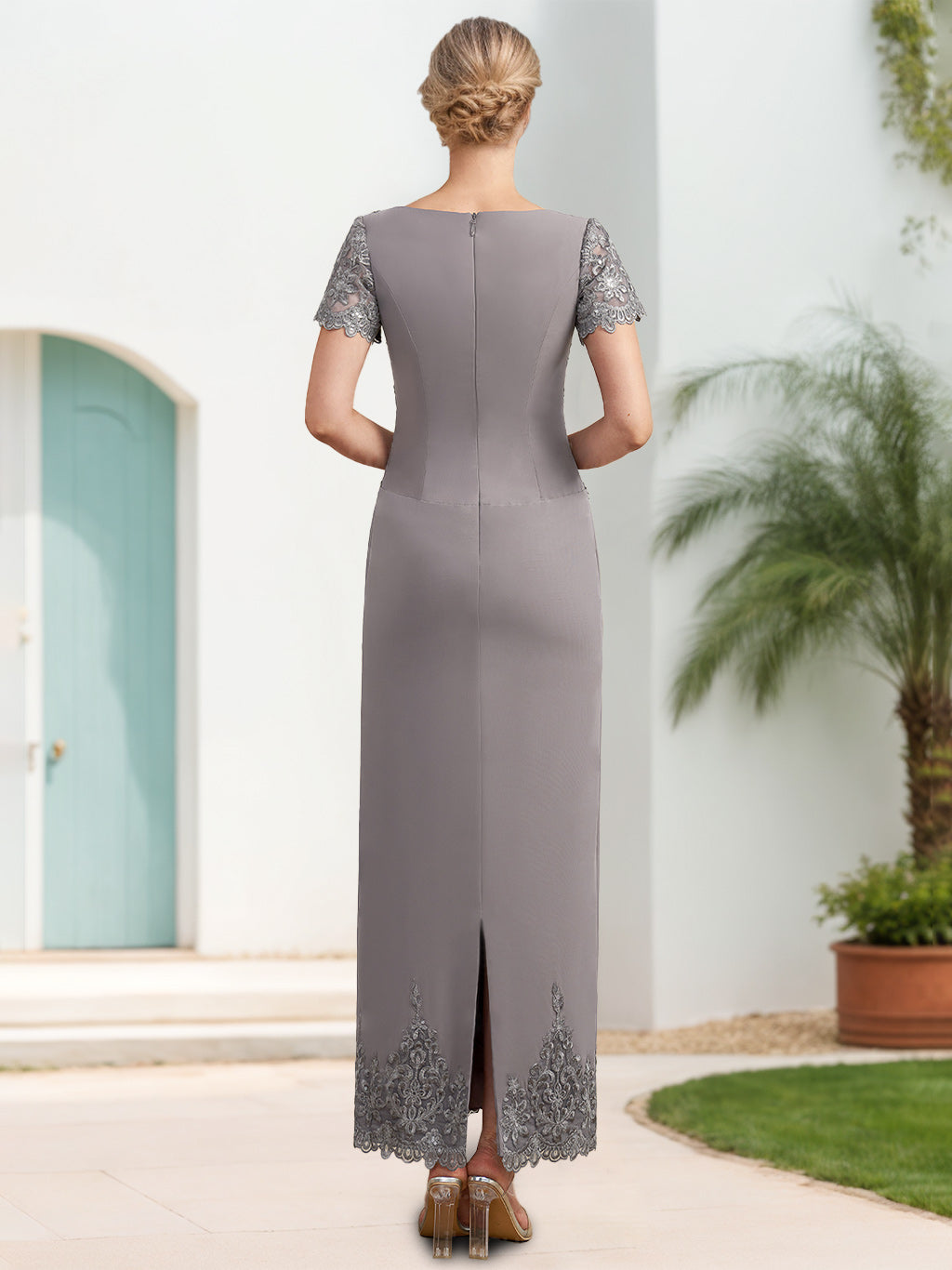 Sheath/Column Scoop Neck Short Sleeves Ankle-Length Mother Of The Bride Dresses With Appliques BabaMila