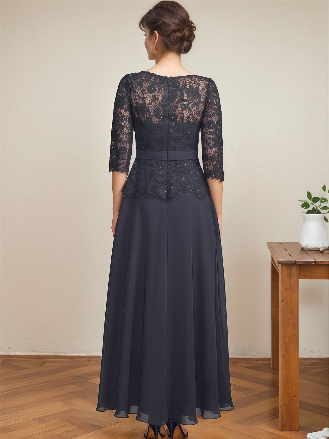 Round Neck 3/4 Sleeve A-Line Ankel-Length Chiffon/Lace Mother of the Bride Dress With Appliques/Beads/Belt BabaMila