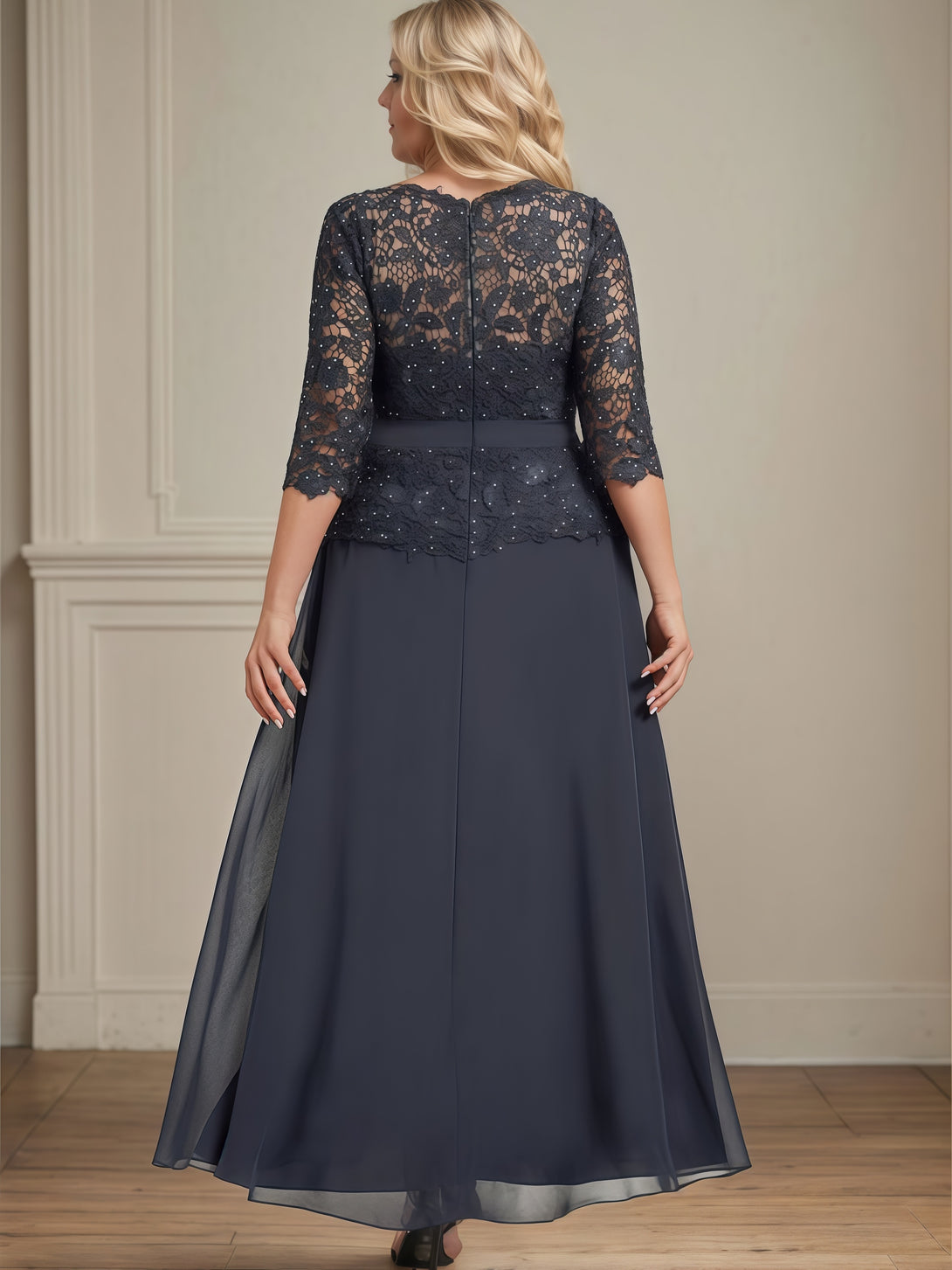 Round Neck 3/4 Sleeve A-Line Ankel-Length Chiffon/Lace Mother of the Bride Dress With Appliques/Beads/Belt BabaMila