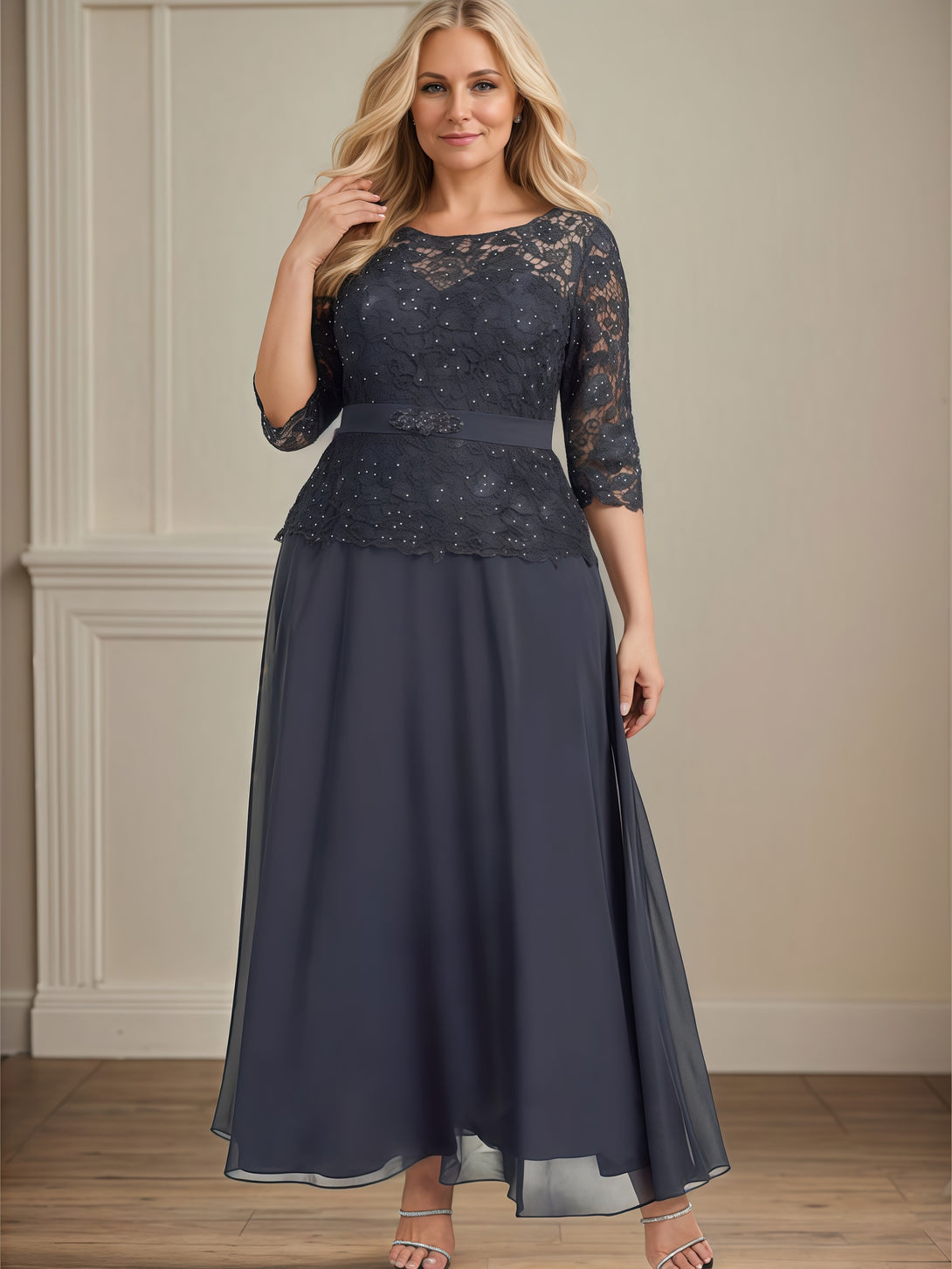 Round Neck 3/4 Sleeve A-Line Ankel-Length Chiffon/Lace Mother of the Bride Dress With Appliques/Beads/Belt BabaMila