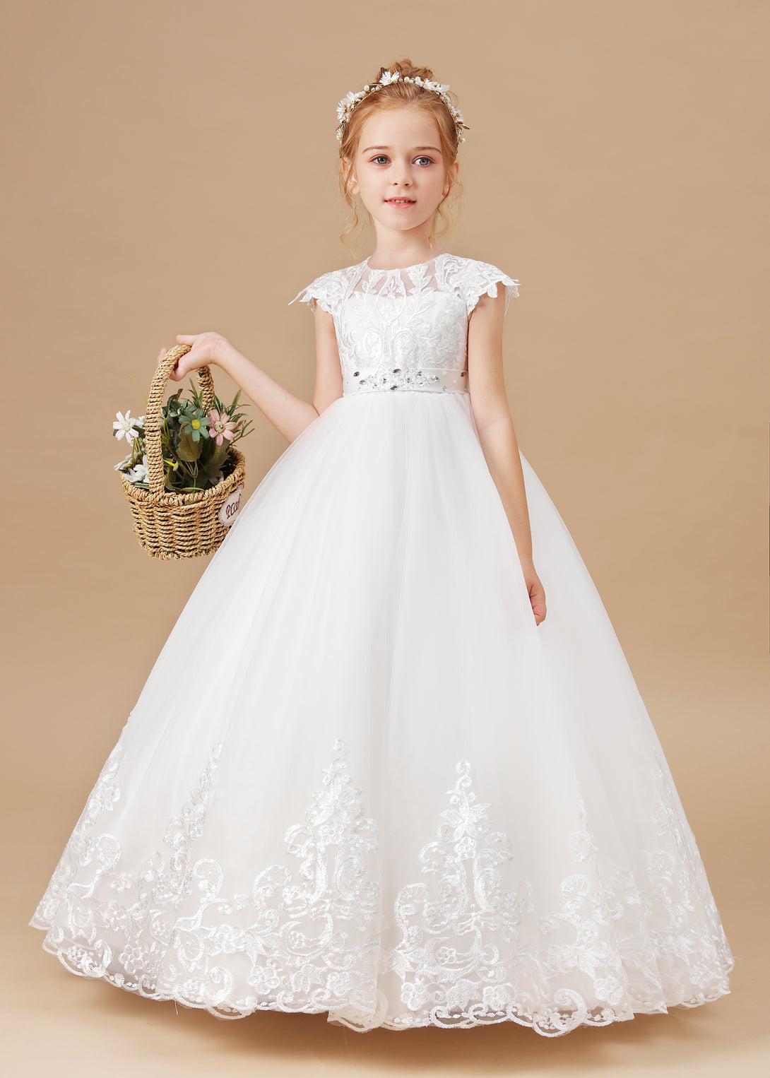 Ball-Gown/Princess Scoop Floor-Length Tulle/Lace Applique Flower Girl Dress/First Communion Dress With Belt Girls Gidiondress