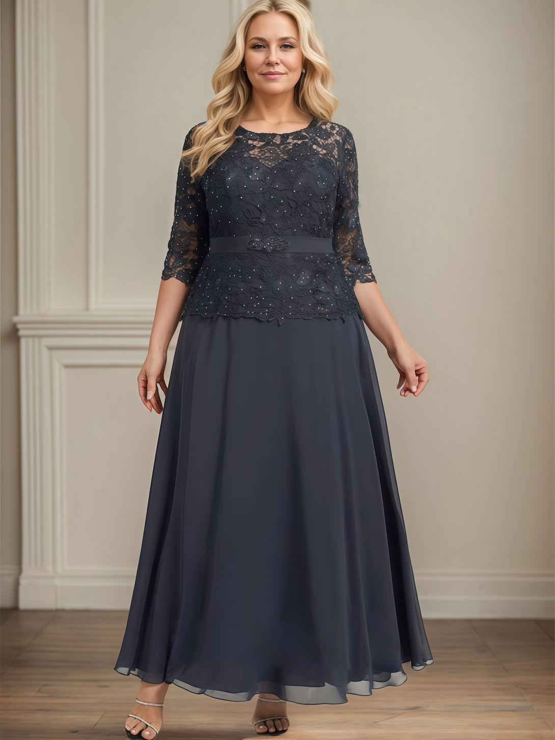 Round Neck 3/4 Sleeve A-Line Ankel-Length Chiffon/Lace Mother of the Bride Dress With Appliques/Beads/Belt BabaMila