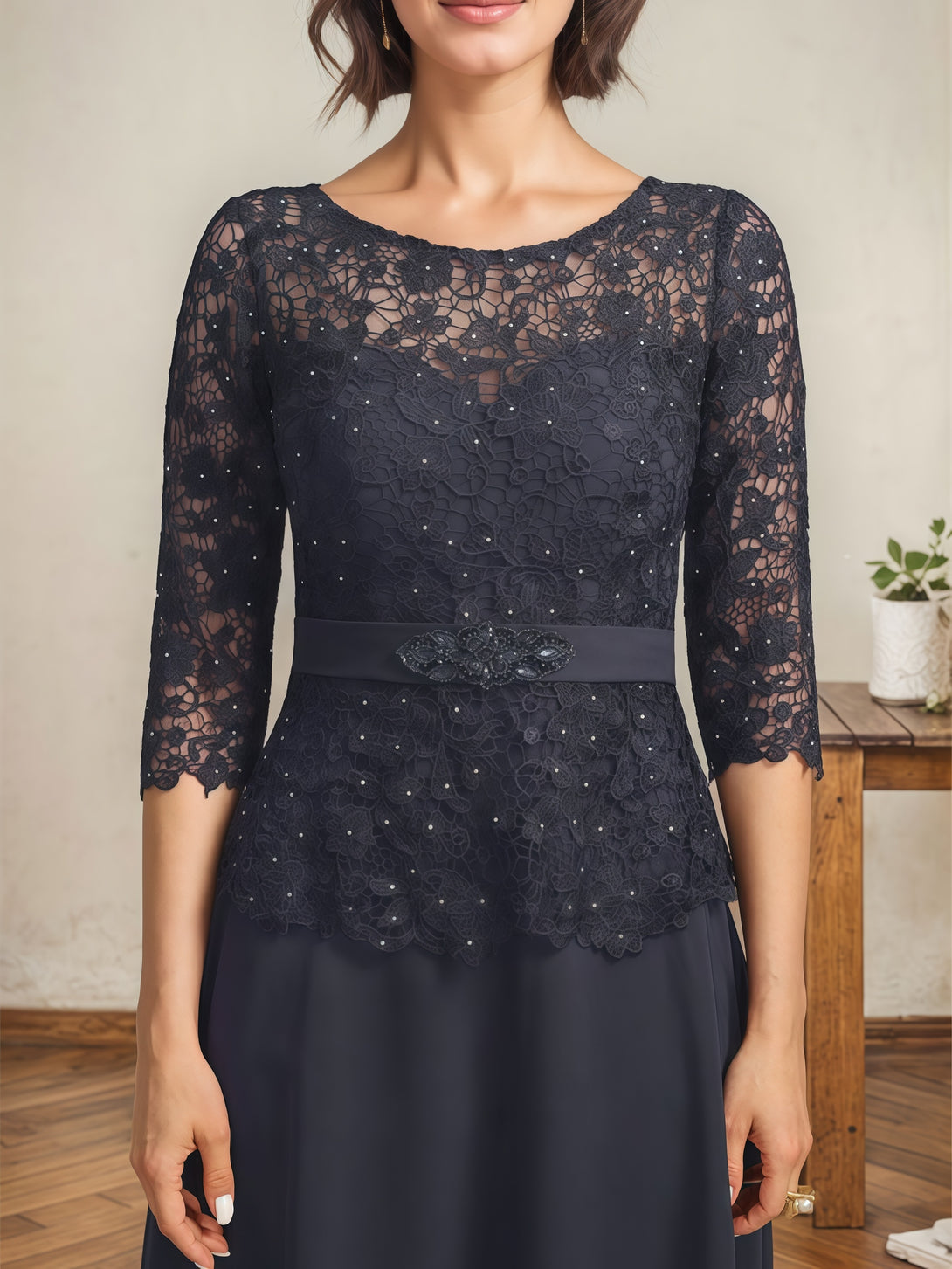 Round Neck 3/4 Sleeve A-Line Ankel-Length Chiffon/Lace Mother of the Bride Dress With Appliques/Beads/Belt BabaMila