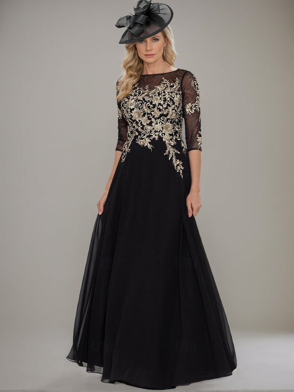 A-Line/Princess Jewel Neck Half Sleeves Floor Length Mother Of The Bride Groom Dresses With Lace Ruffle BabaMila