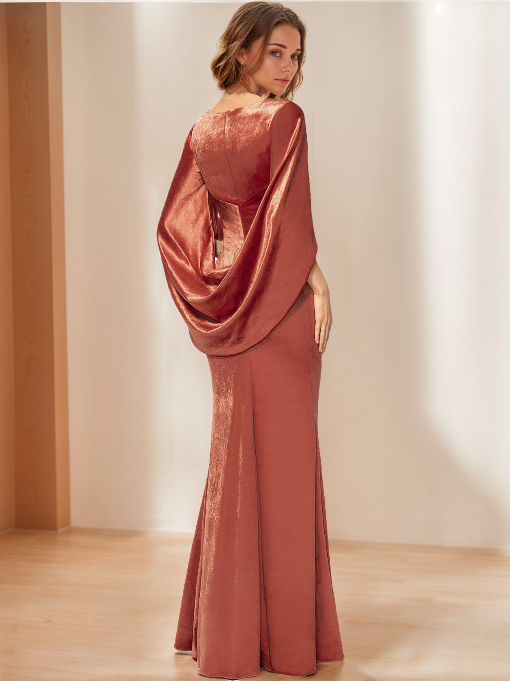 Sheath/Column V-Neck Half Sleeves Floor-Length Velvet Mother Of The Bride Dresses With Ruffles BabaMila
