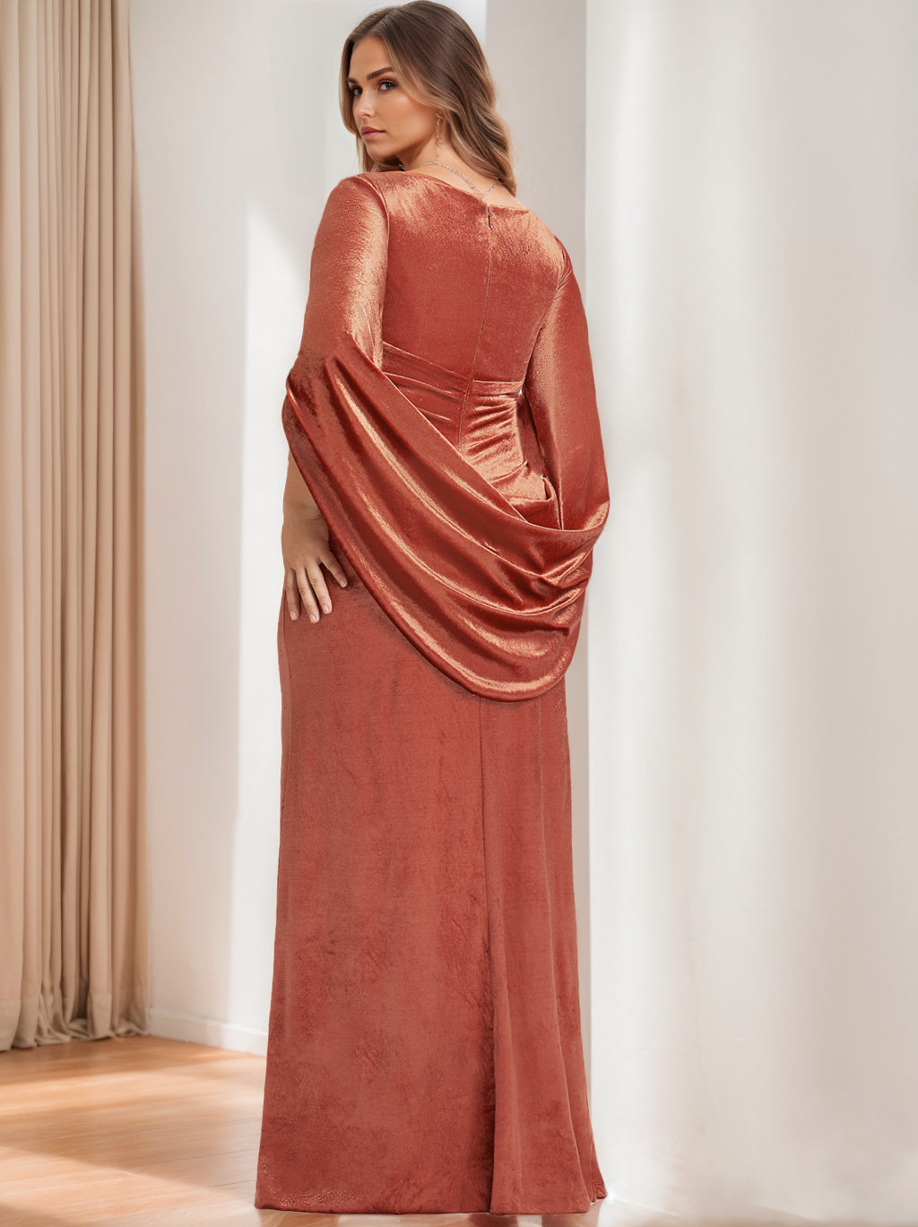 Sheath/Column V-Neck Half Sleeves Floor-Length Velvet Mother Of The Bride Dresses With Ruffles BabaMila
