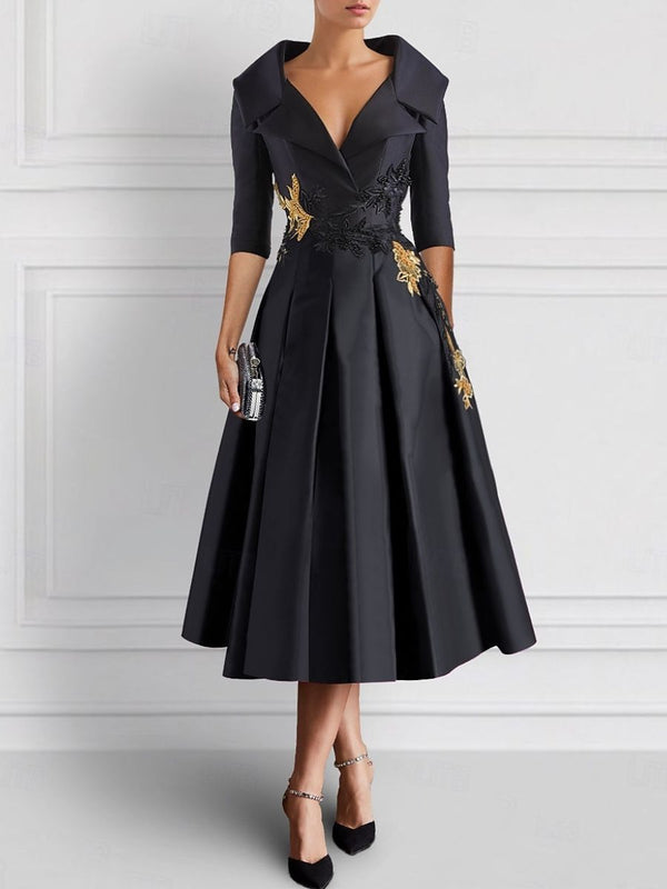 A-Line/Princess V-Neck Tea-Length Elegant Mother Of The Bride Dresses With Appliques BabaMila