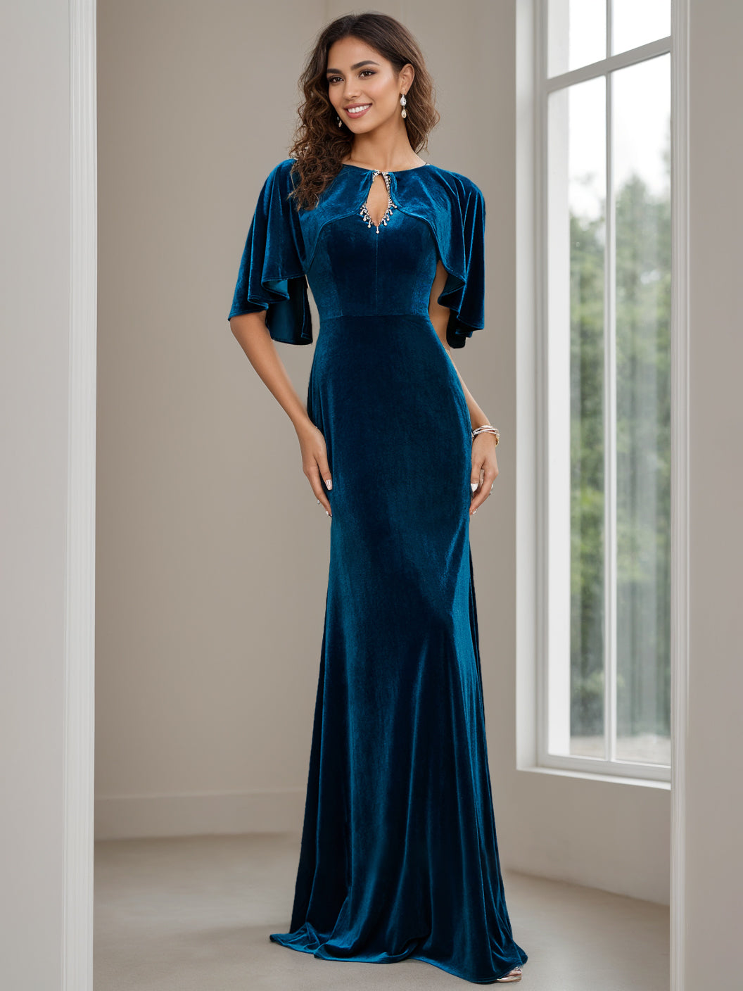 Sheath/Column Scoop Neck Half Sleeves Floor-Length Velvet Mother Of The Bride Dresses With Beading, Appliques & Sequins BabaMila