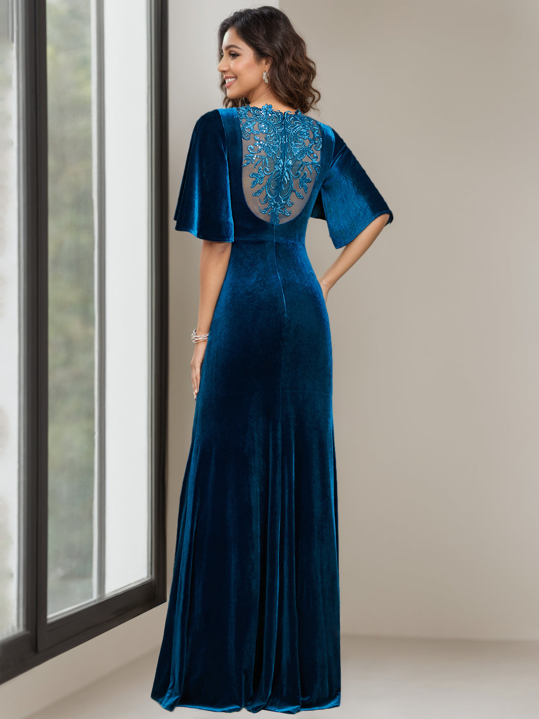 Sheath/Column Scoop Neck Half Sleeves Floor-Length Velvet Mother Of The Bride Dresses With Beading, Appliques & Sequins BabaMila