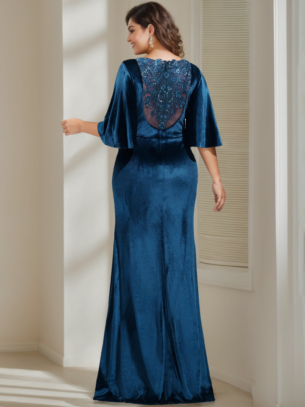 Sheath/Column Scoop Neck Half Sleeves Floor-Length Velvet Mother Of The Bride Dresses With Beading, Appliques & Sequins BabaMila
