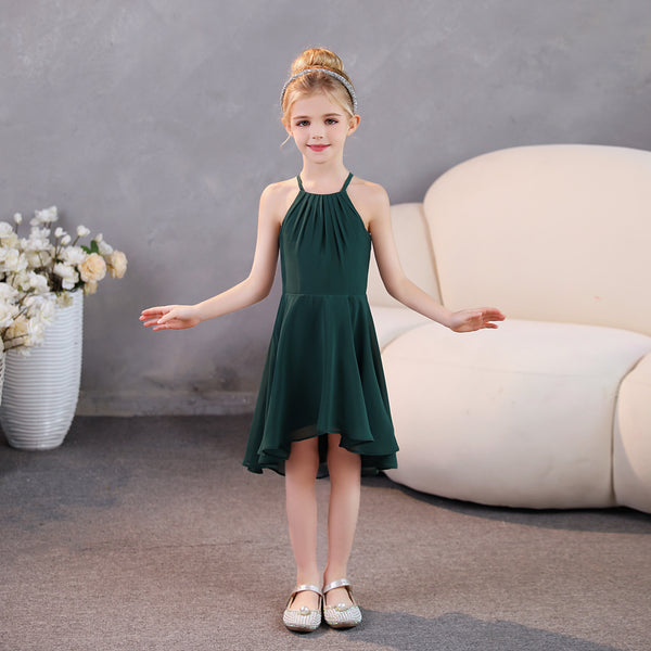 Girls Birthday Dresses Halter Spaghetti Straps Chiffon Asymmetrical Knee-Length Junior Bridesmaid Dress/Party Dresses With Pleated Girls Gidiondress as picture 12M