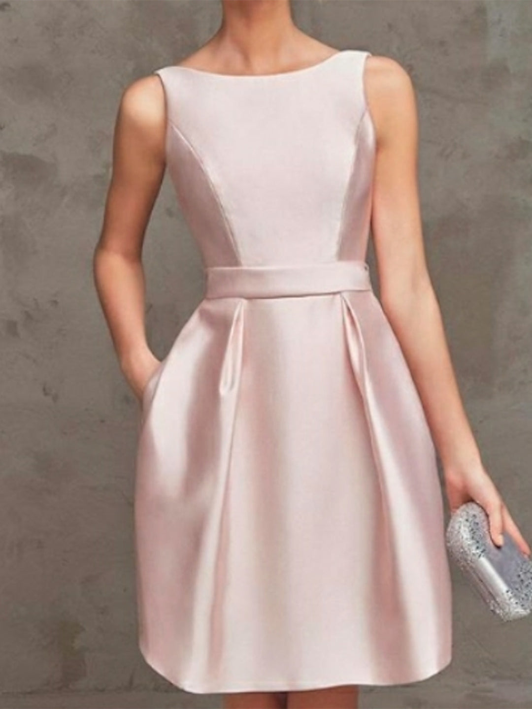 A-Line/Princess Boat Neck Sleeveless Cocktail Dresses with Pleats BabaMila